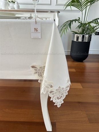Menekşe Model Eko Masa Örtüsü Kırık Beyaz Renk Kumaş
